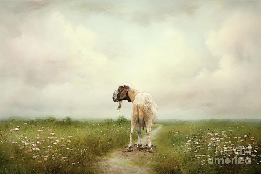 Boer Goat in the Field Mixed Media by Eva Lechner