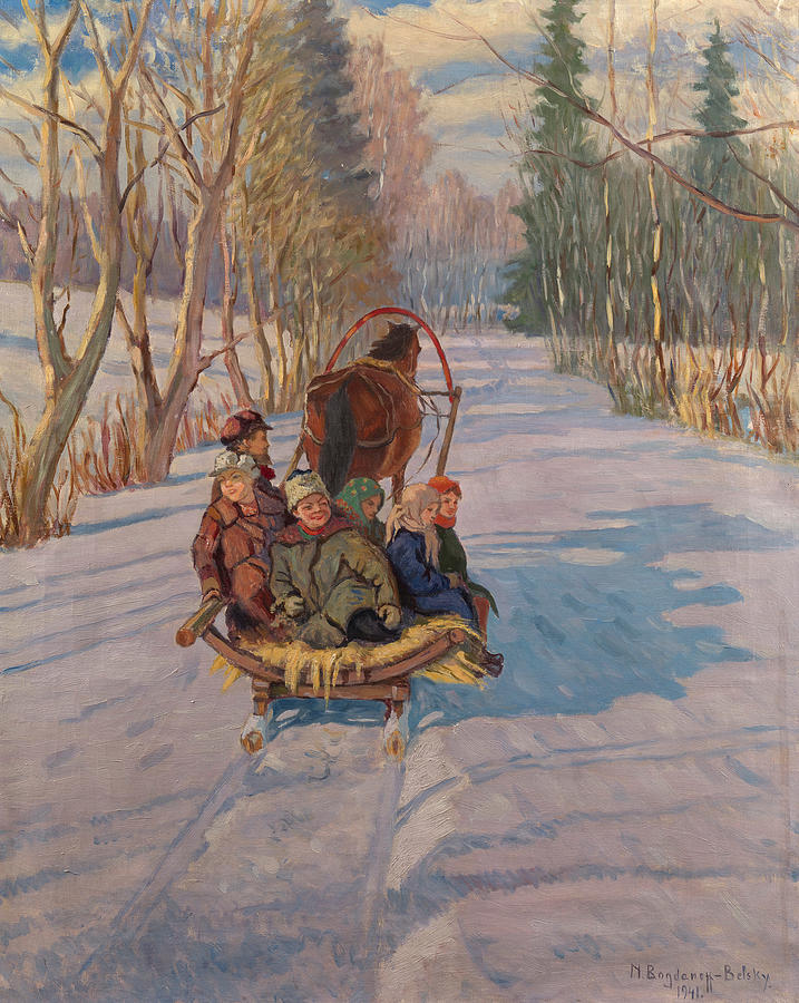 Bogdanov-belsky, Nikolai Children On A Sledge, Signed And Dated 1941. Painting