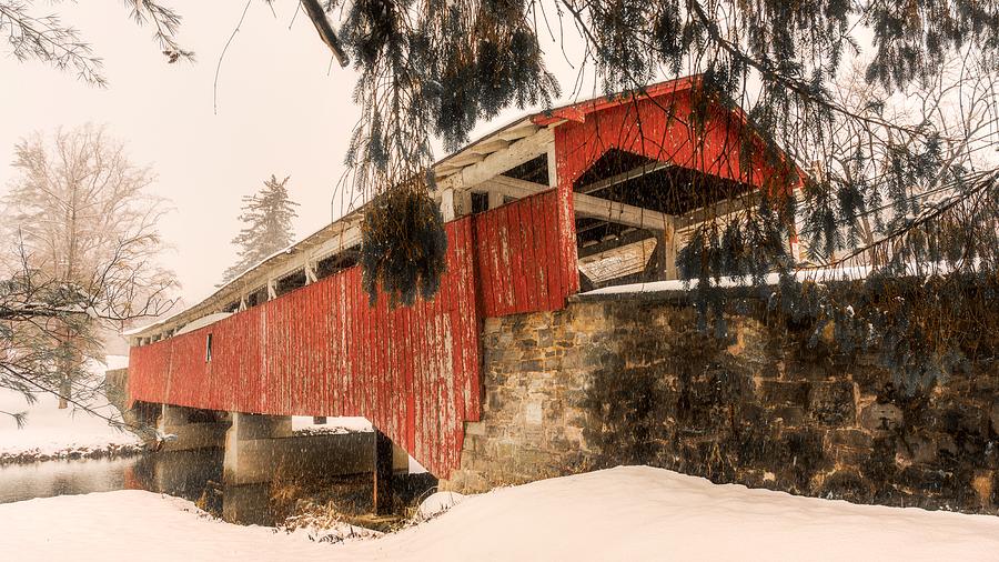 Bogert Covered Bridge Winter Under the Pines - Warm Tones Photograph by Jason Fink