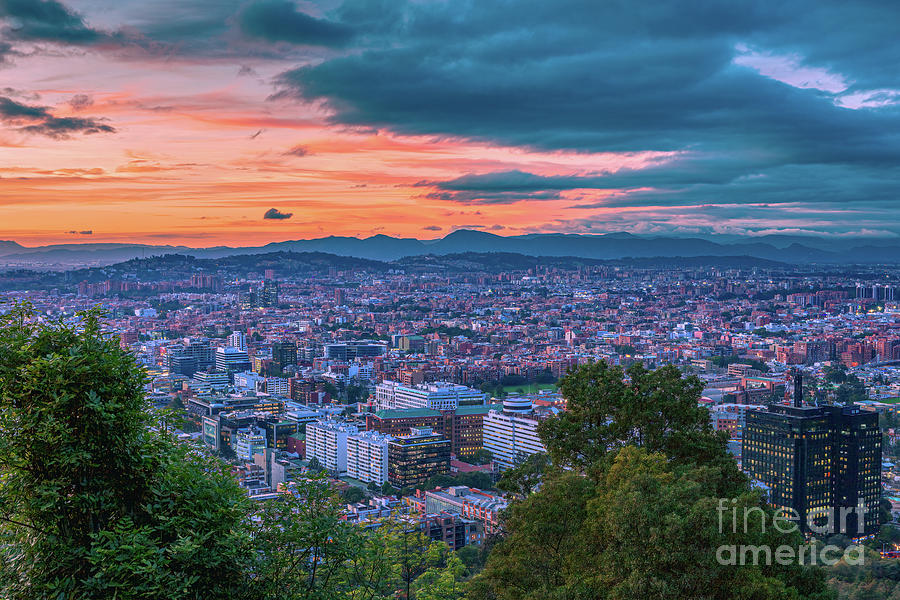 Bogota Colombia High Angle Panoramic View Of North City At Sunset