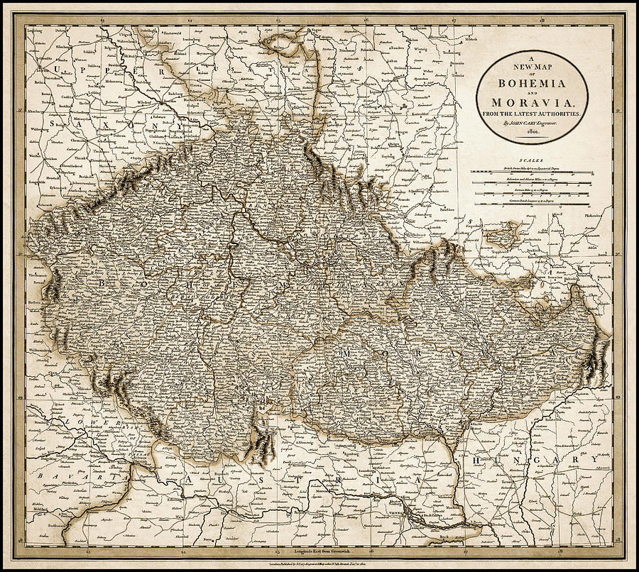 Vintage Photograph - Bohemia and Moravia Vintage Map 1801 Sepia  by Carol Japp