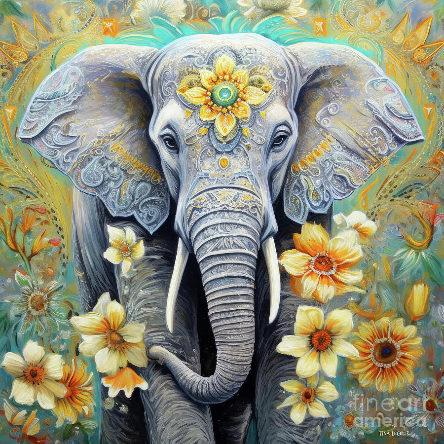Bohemian Daisy Elephant Painting by Tina LeCour