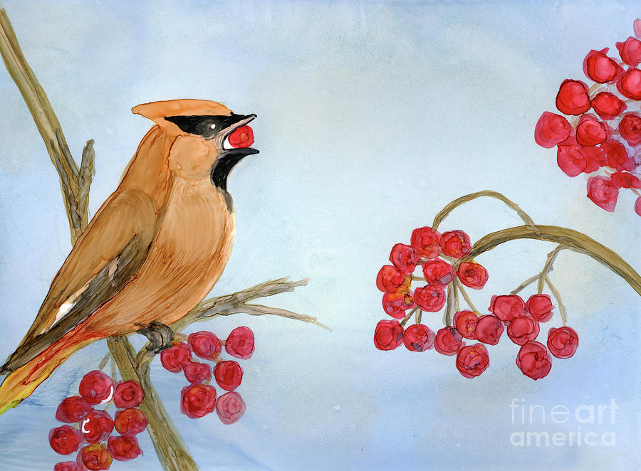 Bohemian Waxwing Painting by Julie Greene-Graham