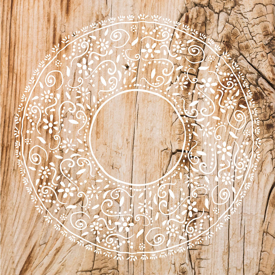 Boho Frame Background with White Lace Stencil On Shabby Wood Wall. Shabby Wooden Background. Grunge Texture, Painted Surface. Coastal Background. Drawing by Gokcemim