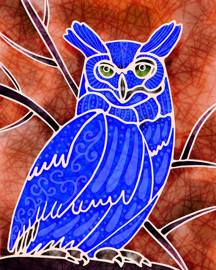 BoHo Owl in blue on Orange Digital Art by Marcy Brennan