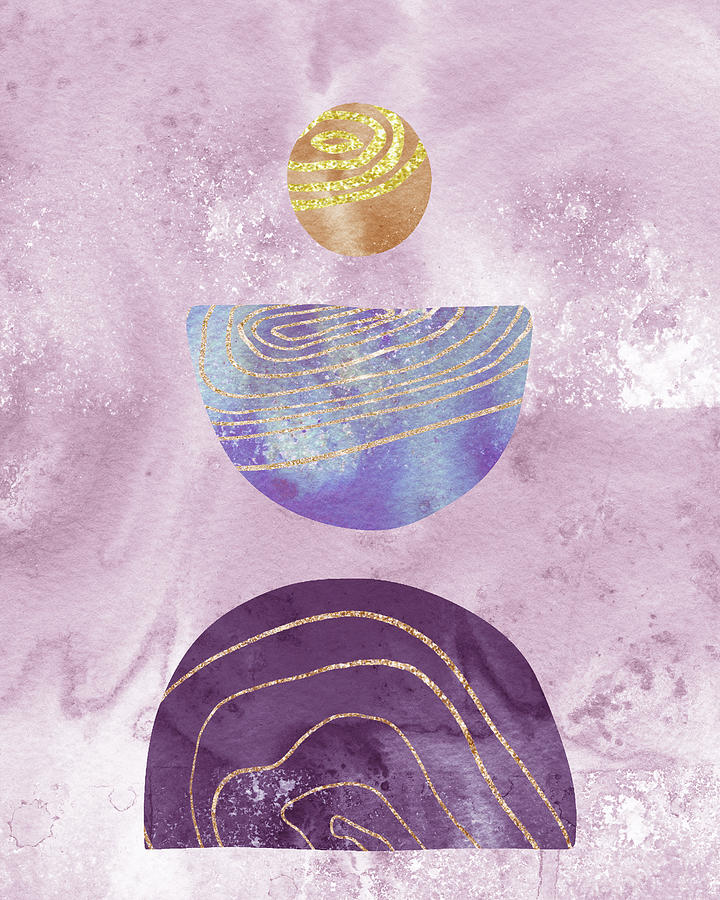 Boho Shapes And Silhouettes Gilded Purple And Gold Watercolor Zen Rocks  Painting by Irina Sztukowski