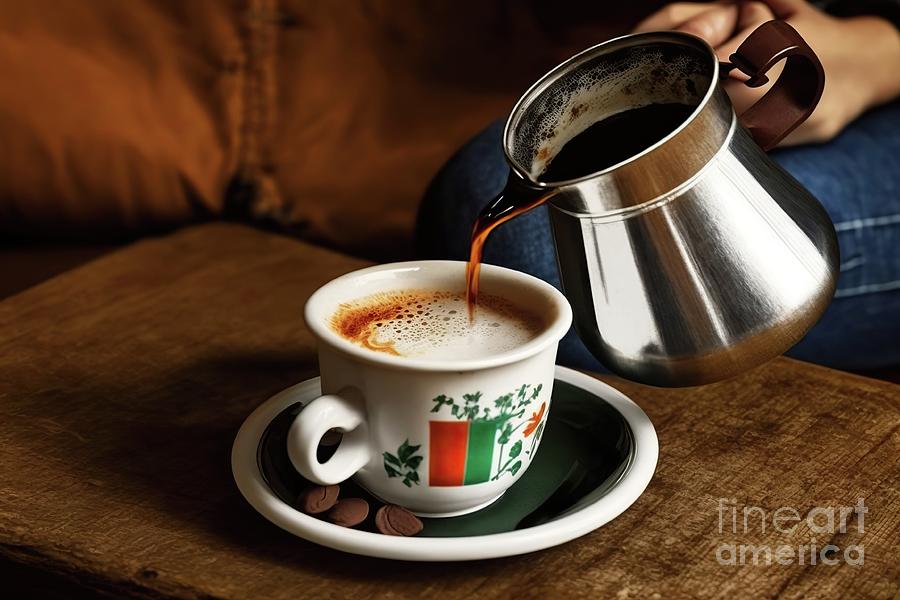Boho style coffee pour from pot to cup.. Ai generated. Photograph by Joaquin Corbalan