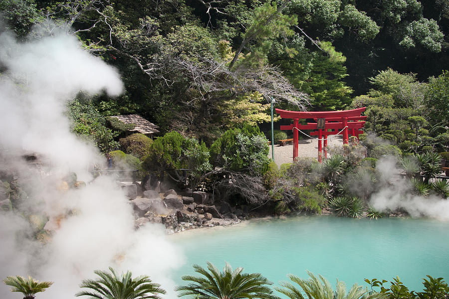 boiling pool and tori at Umi Jigoku in Beppu Photograph by Marisa Vega Photographer