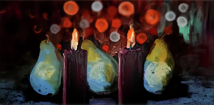 Bokeh Light Candles And Pears Painting by Lisa Kaiser