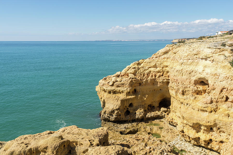 Bold Azure And Gold - Impressive Seacliffs At Carvoeiro Algarve Portugal Photograph