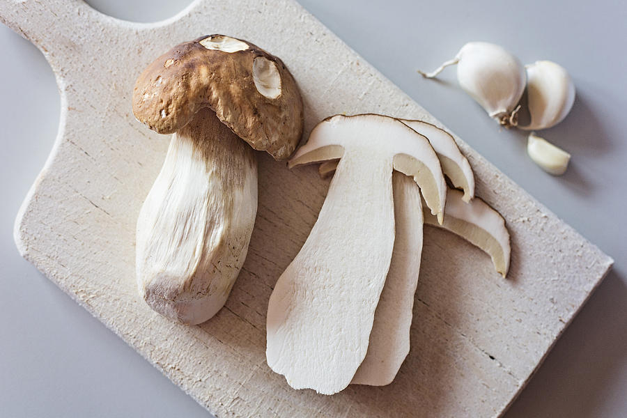 Boletus edulis mushroom on cutting board Photograph by Mataya
