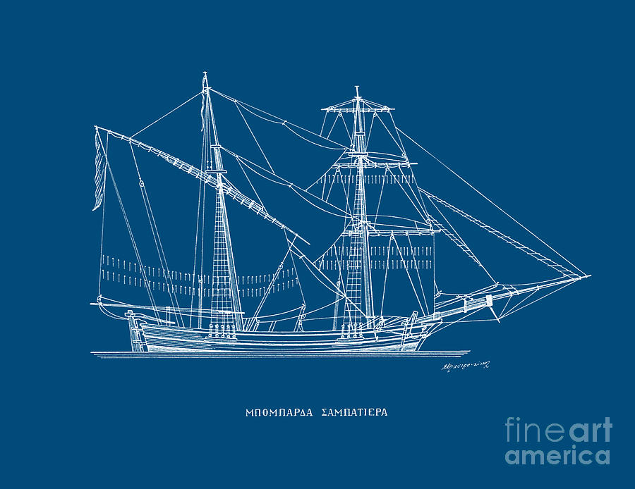 Bombarda Sabatiera - traditional Greek sailing ship - blueprint Drawing by Panagiotis Mastrantonis