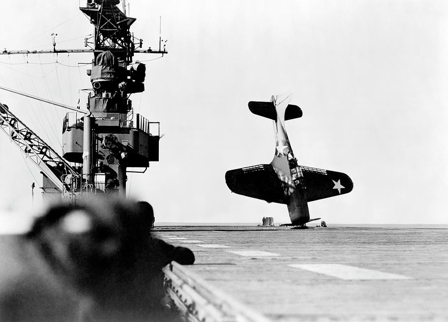 Bomber After Crash Landing On Aircraft Carrier - 1943 Photograph by War Is Hell Store