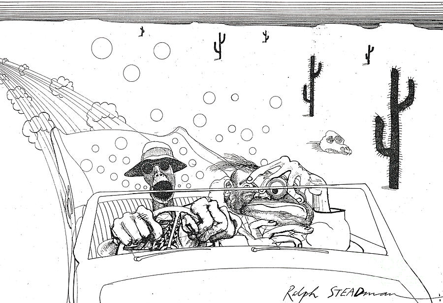 Black And White Drawing - Bombing Into Vegas, Fear and Loathing in Las Vegas, 1971 drawing by Ralph Steadman by Ralph Steadman