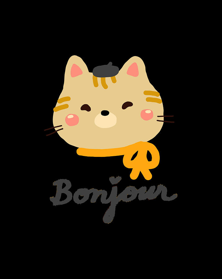 Bonjour' Cute Kitty Cat With Beret Graphic Tee Digital Art by Sue Mei Koh