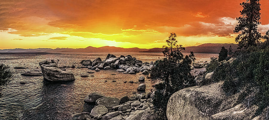 Bonsai Rock Sunset Panoramic, Lake Tahoe, Nevada Photograph by Don Schimmel