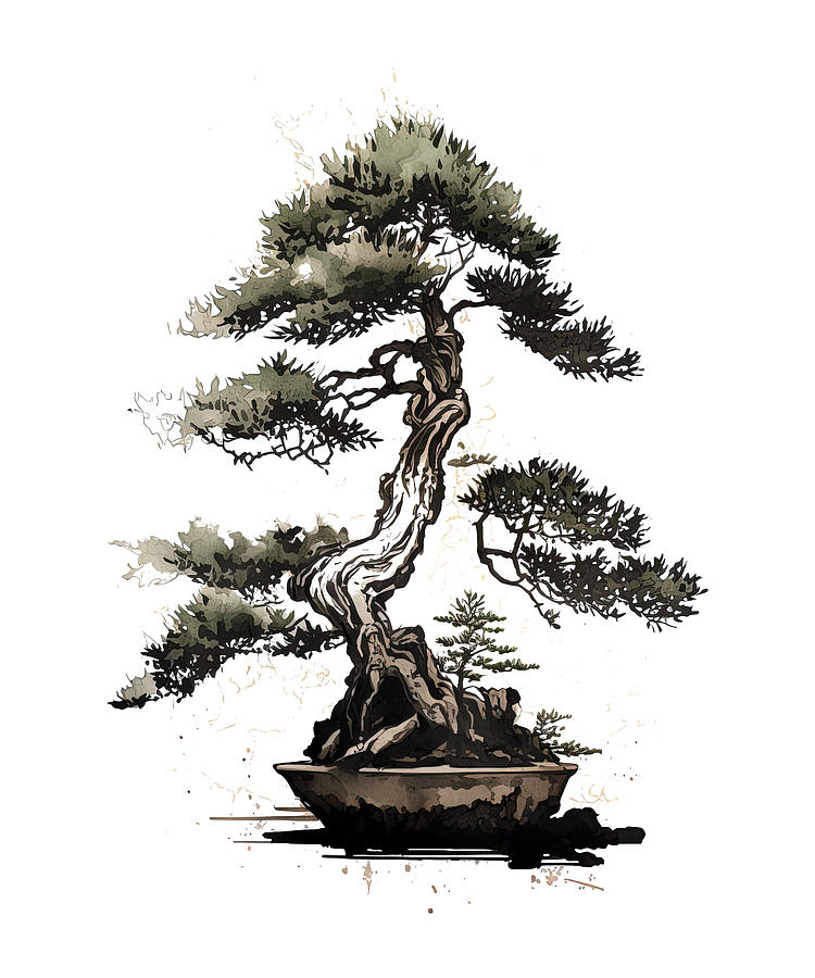 Bonsai Tree Japanese art Sumie painting Digital Art by Kizmethat - Pixels