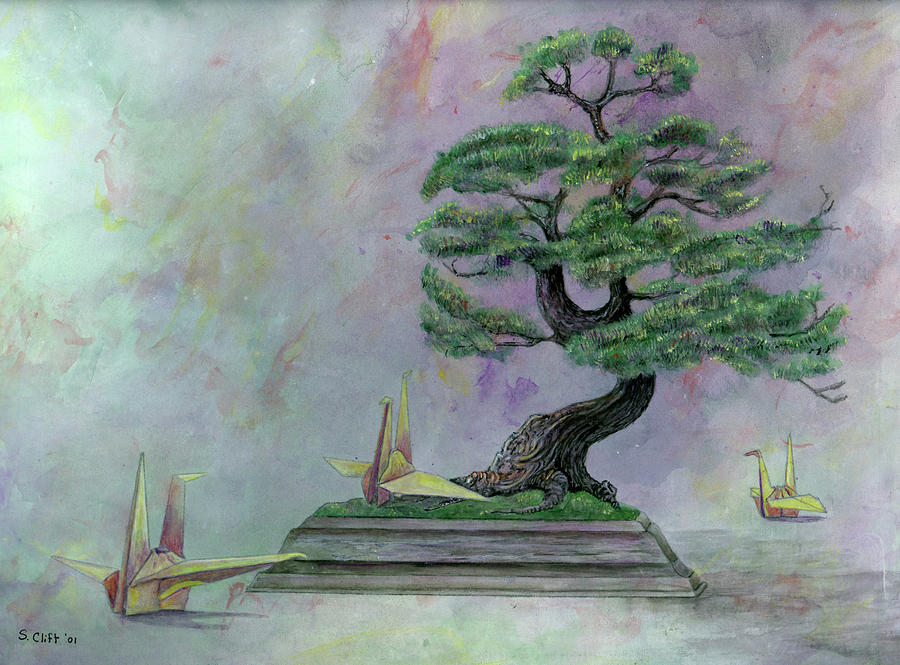 Bonsai with Cranes Mixed Media by Sandy Clift