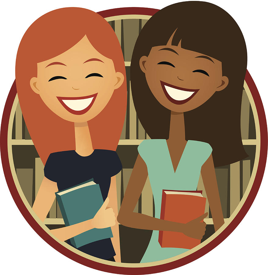 Book Club: Two smiling girls, Retro Cartoon Style Drawing by AtomicCupcake
