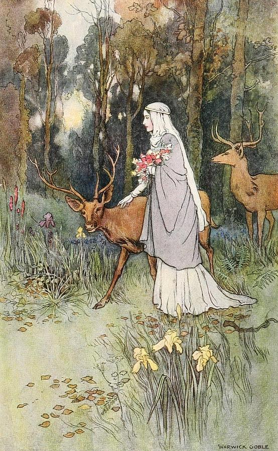 Book of Fairy Poetry 1920 Dun deer wooed with manner bland Drawing by Warwick Goble Book of Fairy Poetry 1920 Dun deer wooed with manner bland Drawing by Warwick Goble