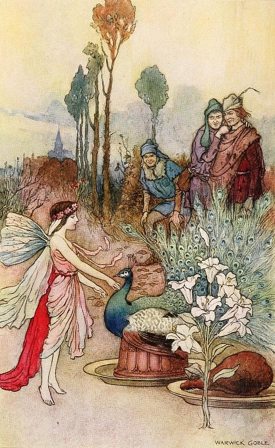 Book of Fairy Poetry 1920 Instead of a crust a peacock pie Drawing by Warwick Goble Book of Fairy Poetry 1920 Instead of a crust a peacock pie Drawing by Warwick Goble