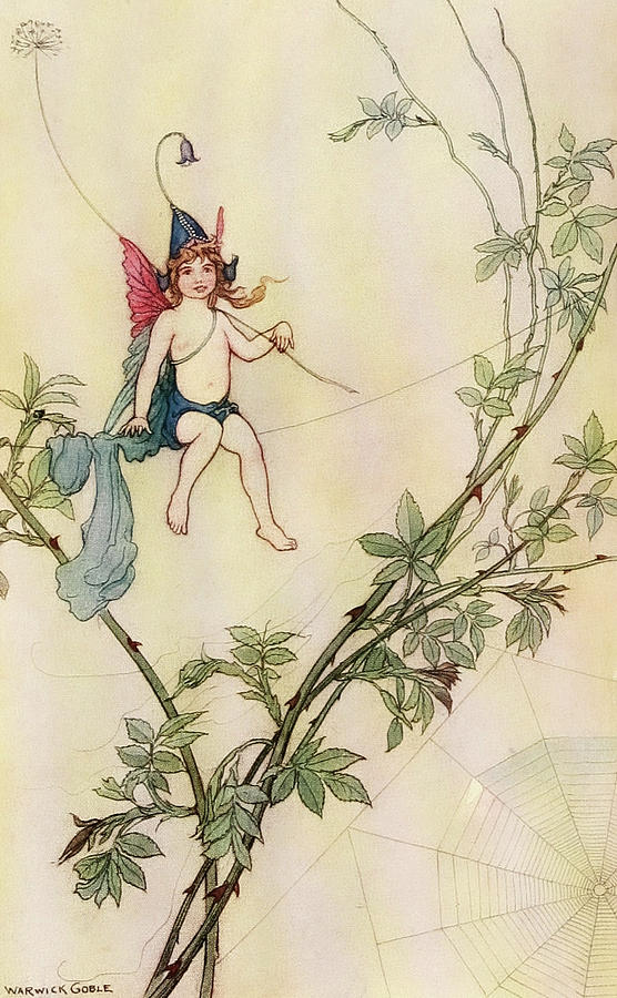 Book of Fairy Poetry 1920 Puck was seated on a spiders thread Drawing by Warwick Goble Book of Fairy Poetry 1920 Puck was seated on a spiders thread Drawing by Warwick Goble