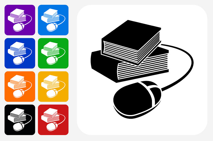 Books and Computer Mouse Icon Square Button Set Drawing by Bubaone