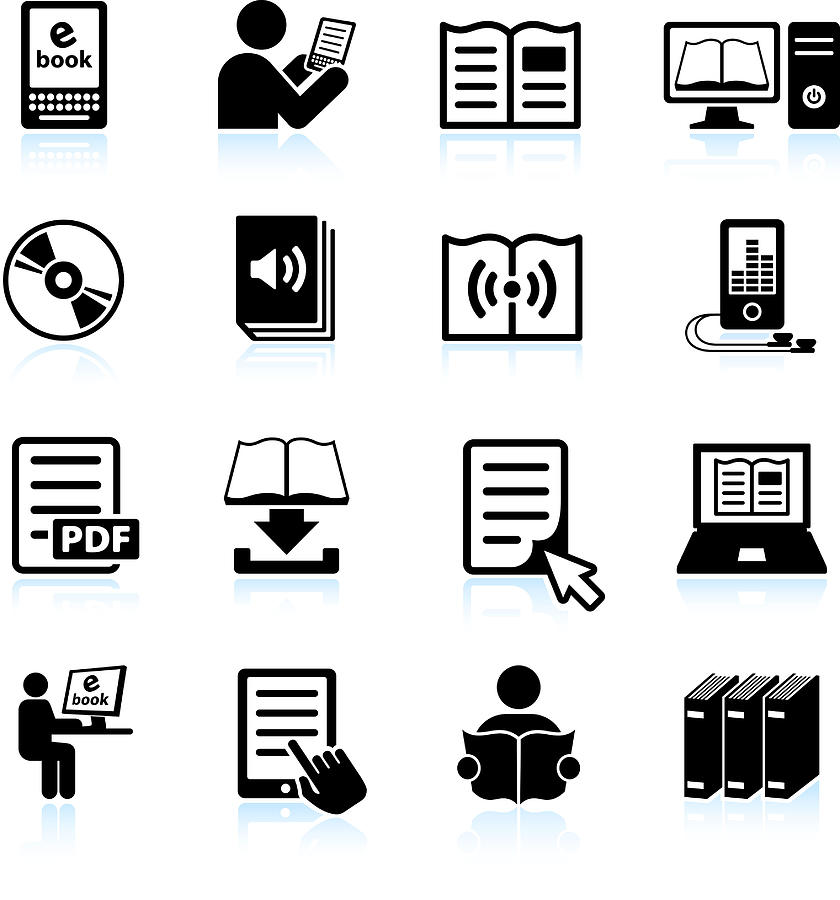 Books And Modern Reading Black & White Vector Icon Set Drawing by Bubaone