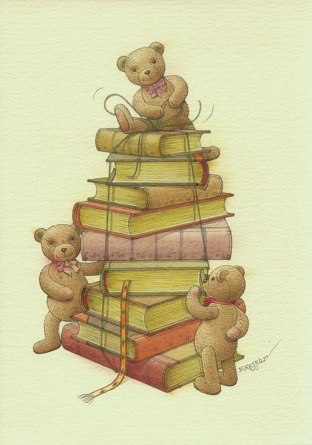 Books and teddy bears Drawing by Kestutis Kasparavicius