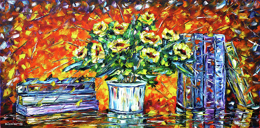 Books And Yellow Roses Painting by Mirek Kuzniar