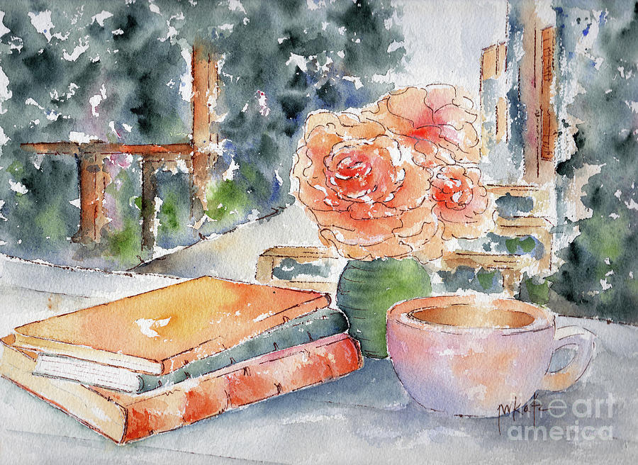Books Coffee And Peach Roses In The Garden Painting by Pat Katz