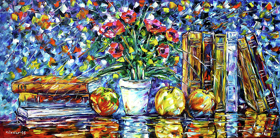 Books, Flowers And Apples Painting by Mirek Kuzniar