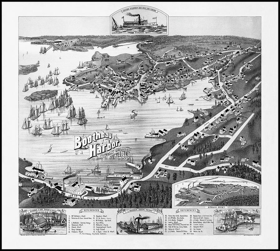 Maine Map Photograph - Boothbay Harbor Maine Vintage Map Birds Eye View 1885 Black and White by Carol Japp