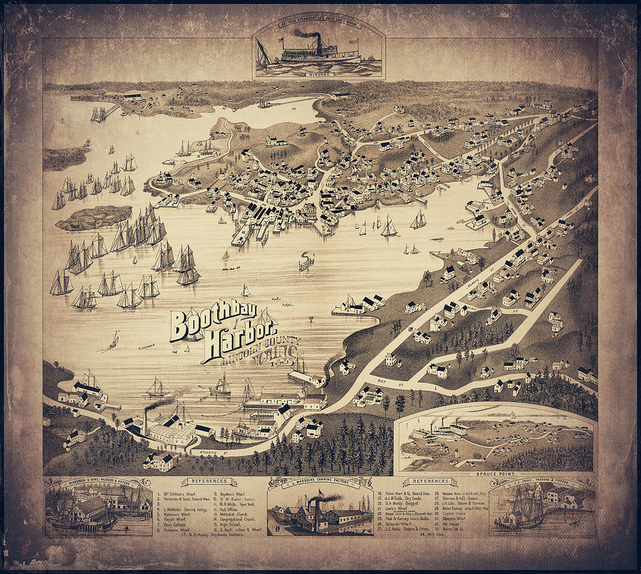 Maine Map Photograph - Boothbay Harbor Maine Vintage Map Birds Eye View 1885 Sepia by Carol Japp