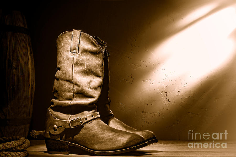 Boots at the Hacienda - Sepia Photograph by Olivier Le Queinec