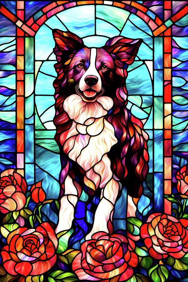 Border Collie and Roses - Stained Glass Digital Art by Peggy Collins