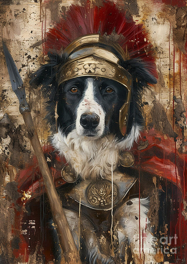 Dog Painting - Border Collie - arrayed in the outfit of a Roman strategist by Adrien Efren