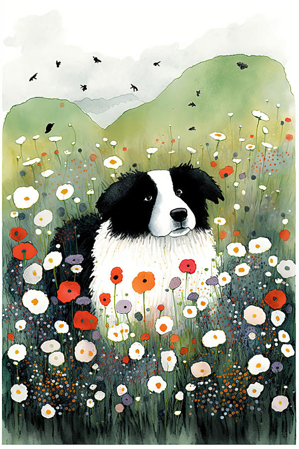 Border collie in a flower field 2 Painting by Debbie Brown