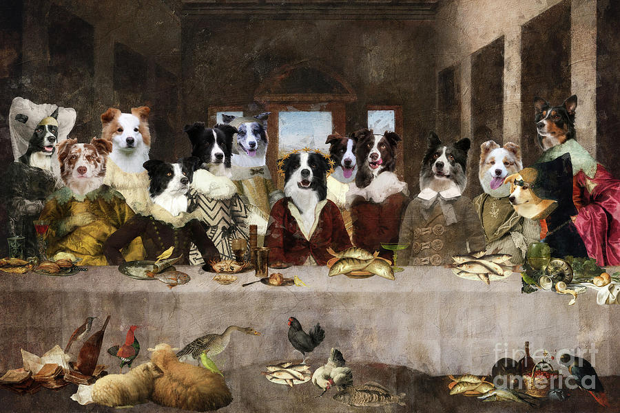 Border Collie Last Supper Altered Art Renaissance Dog Painting Painting by Sandra Sij