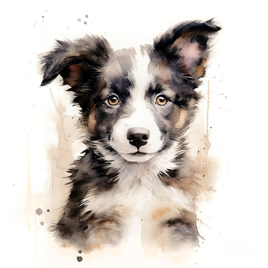 Cool Photograph - Border collie puppy , on a white background. Cute digital watercolour for dog lovers. by Jane Rix