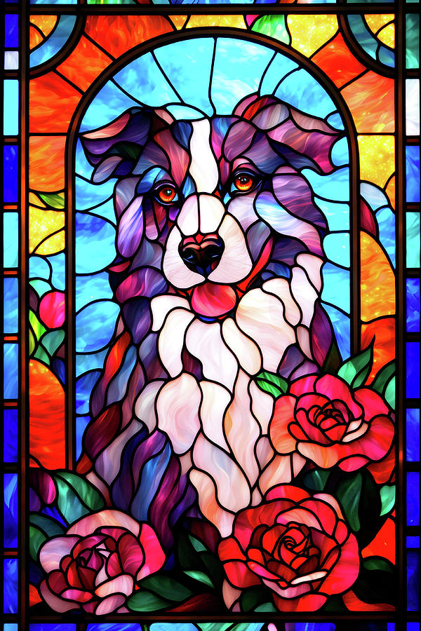 Border Collie with Roses - Stained Glass Digital Art by Peggy Collins