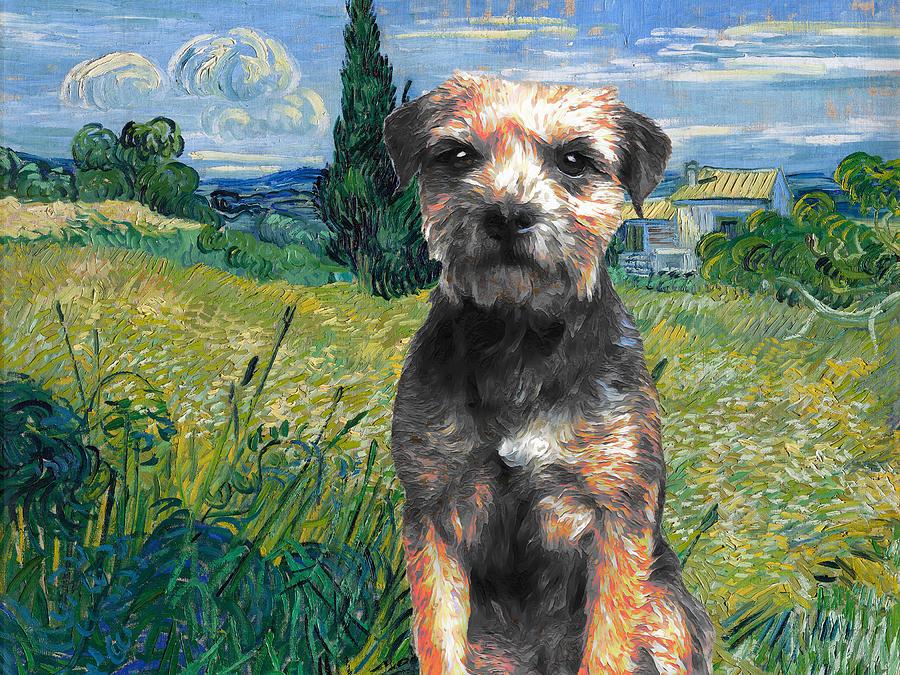 Border Terrier Art Green Wheat Field with Cypress Van Gogh Border Dog Print Painting by Sandra Sij