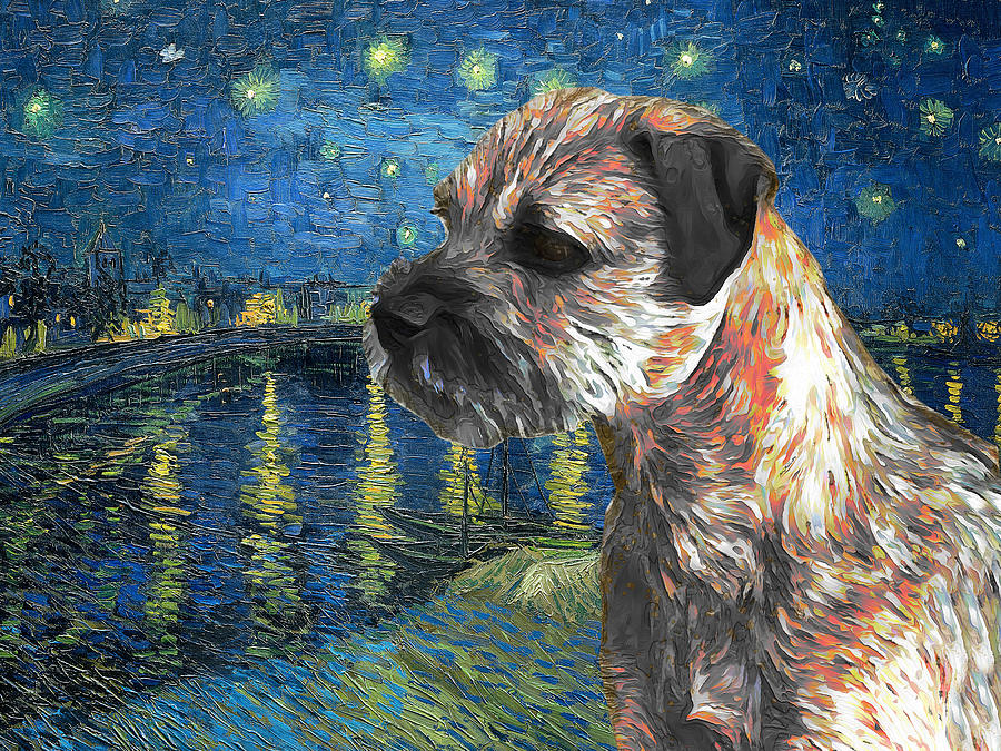 Border Terrier Art Starry Night over the Rhone Van Gogh Border Dog Print Painting by Sandra Sij