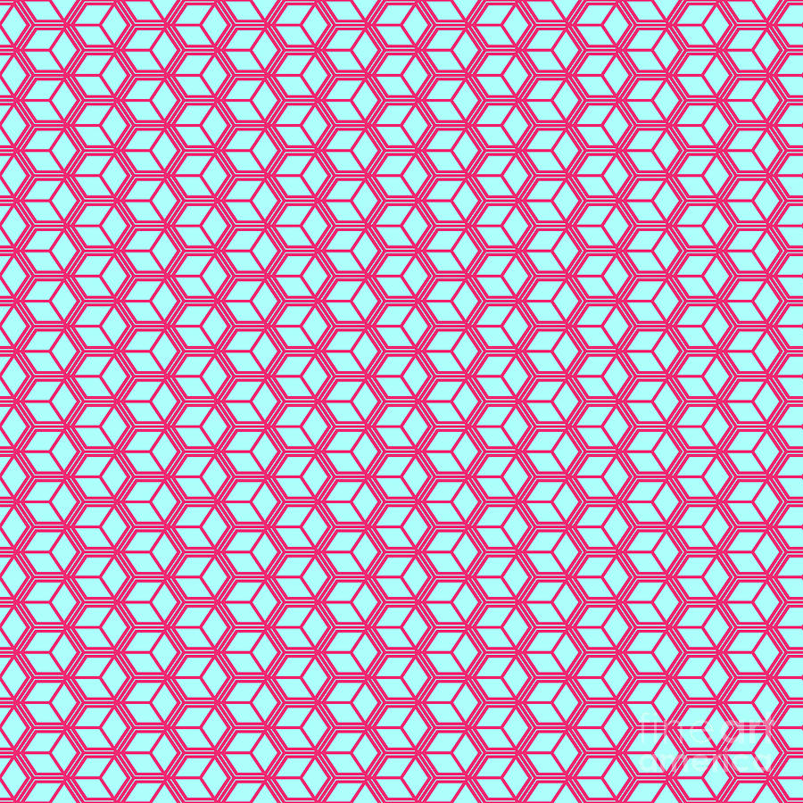 Bordered Isometric Cube Pattern In Light Aqua And Raspberry Pink N.1493 Painting