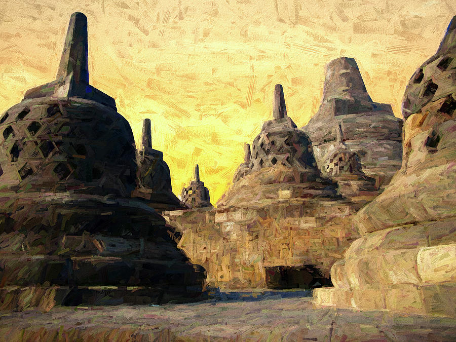 Borobudur Temple Sunset Painterly Style Digital Art by Joseph S Giacalone