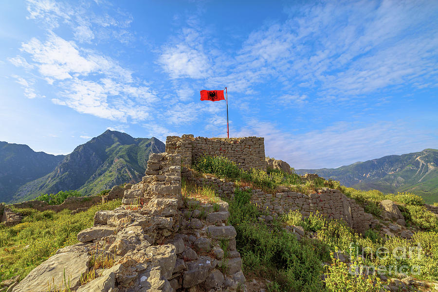 Borsh Castle and flag of Albania Digital Art by Benny Marty
