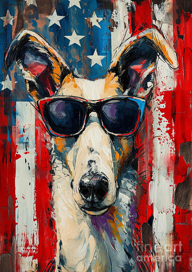 Borzoi Beauty Dog In Super Cool Glasses Against American Flag Background Drawing