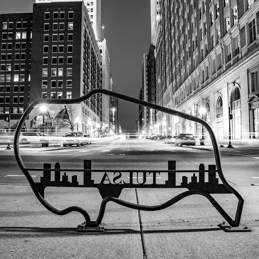 Black And White Photograph - Boston Avenue Glow In Downtown Tulsa Oklahoma - Black And White by Gregory Ballos