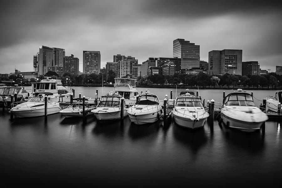 Boston Back Bay Morning Skyline Over The Charles River - Black and White Photograph by Gregory Ballos