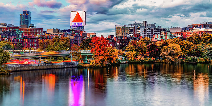 Boston Charles River In The Fall Panorama - Harvard Bridge View by Gregory  Ballos